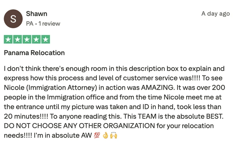 Trustpilot review by Shawn: Panama Relocation, five stars