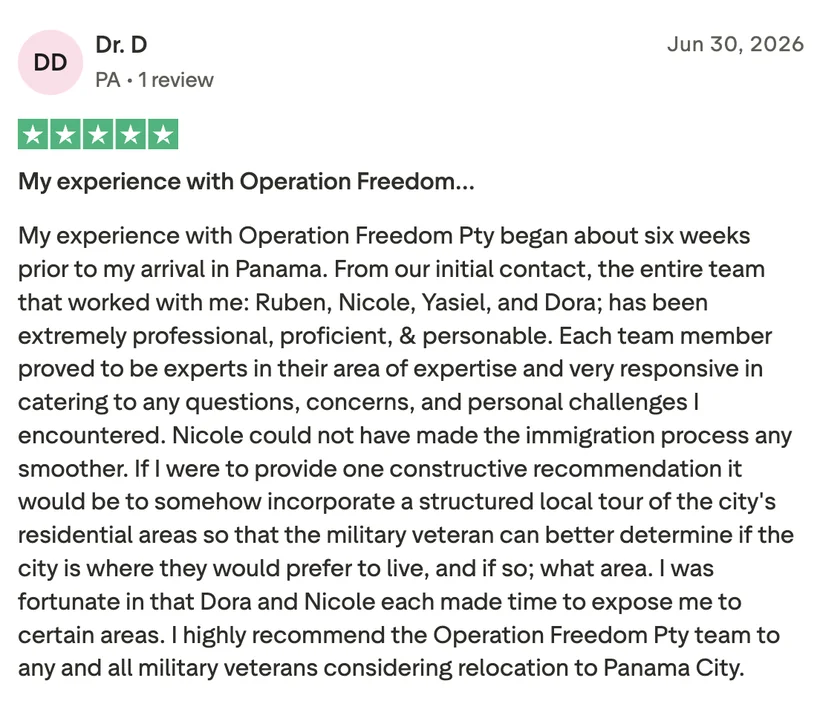 Trustpilot review by Dr. D about Operation Freedom Pty, five stars