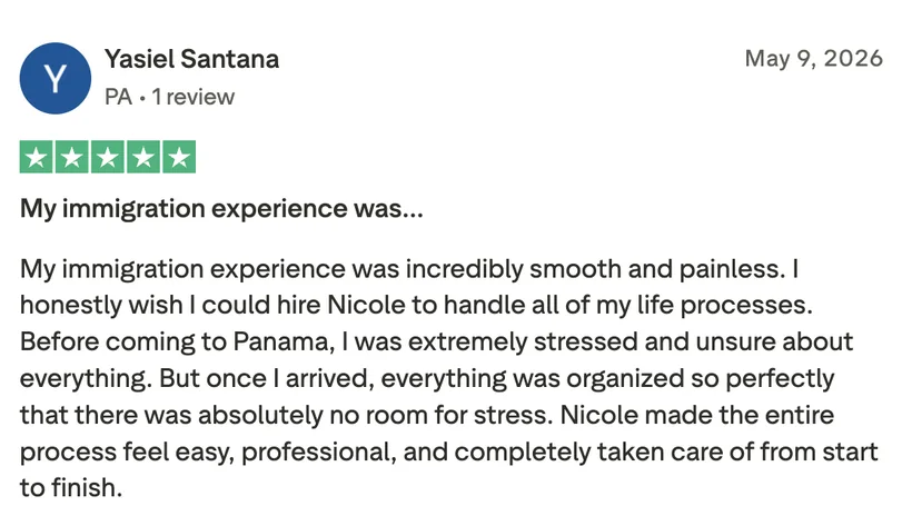 Trustpilot review by Yasiel Santana about the immigration process, five stars