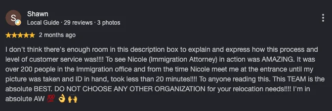 Google review by Shawn about the immigration office, five stars
