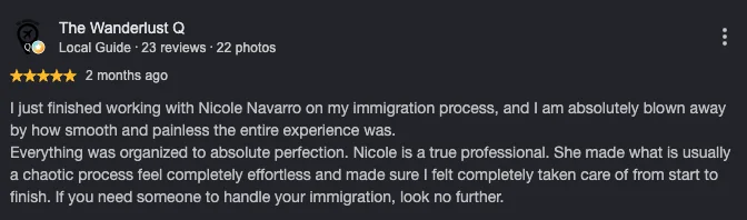 Google review by The Wanderlust Q about Nicole Navarro, five stars