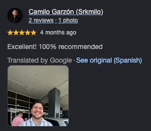 Google review by Camilo Garzón, five stars